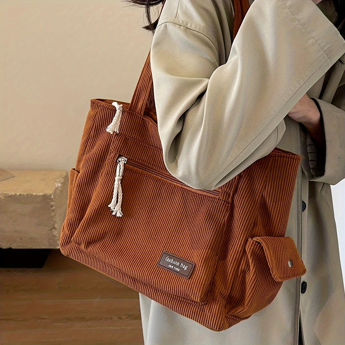 Simple Corduroy Tote Bag, Solid Color Shoulder Bag, Retro Multi Pockets Handbag For School Work Shopping Econic Blanks